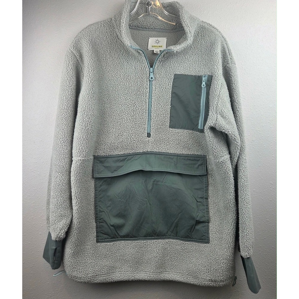 Offline by Aerie Women Small Cloud Sherpa Fleece Quarter Zip Pullover Sage Green